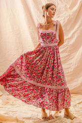 SO ME Floral Maxi Dress With Ribbon Tie Lace Strap PINK COMBO / S