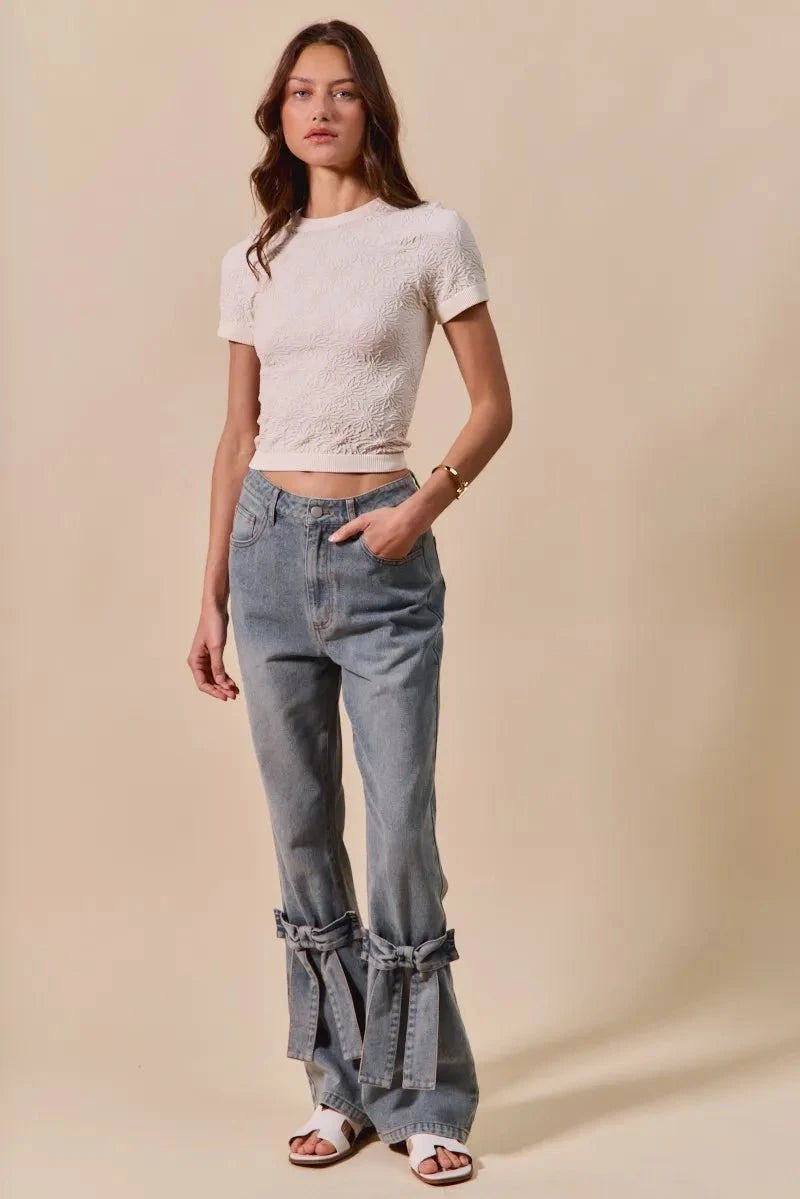 SO ME Floral Patterned Seamless Short Sleeve Top