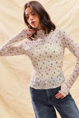 SO ME Floral Print Textured Long Sleeve Knit Top