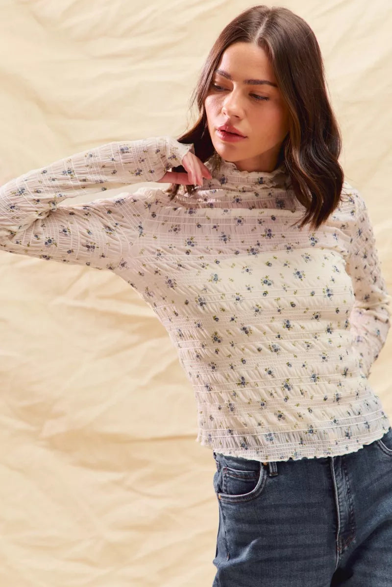 SO ME Floral Print Textured Long Sleeve Knit Top