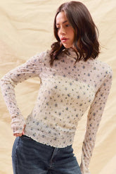 SO ME Floral Print Textured Long Sleeve Knit Top IVORY / S