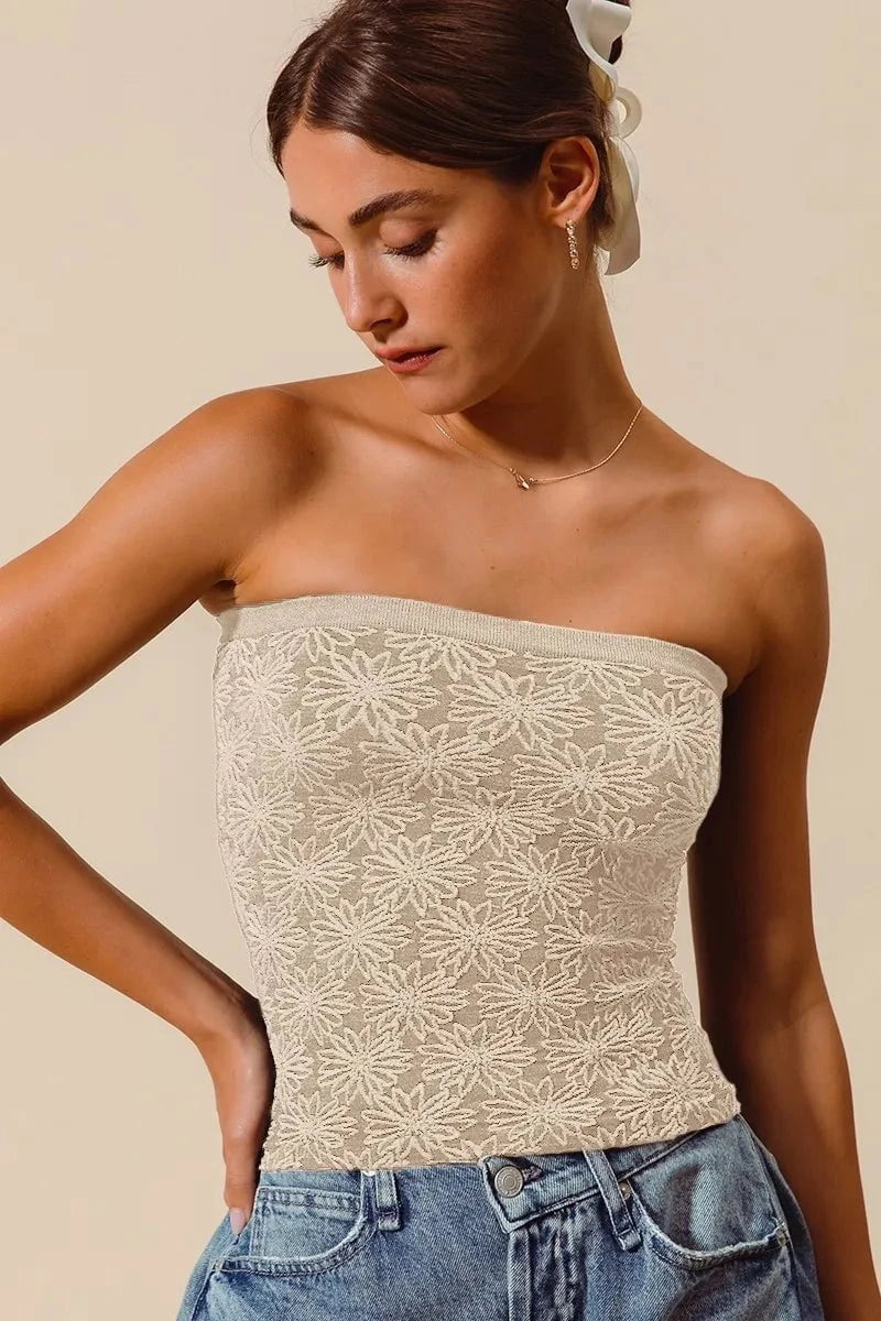 SO ME Jacquard Floral Two Tone Seamless Tube Top OATMEAL / S