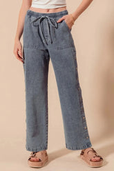 SO ME Mid Rise Drawstring Jeans with Side Snap Button DENIM / S