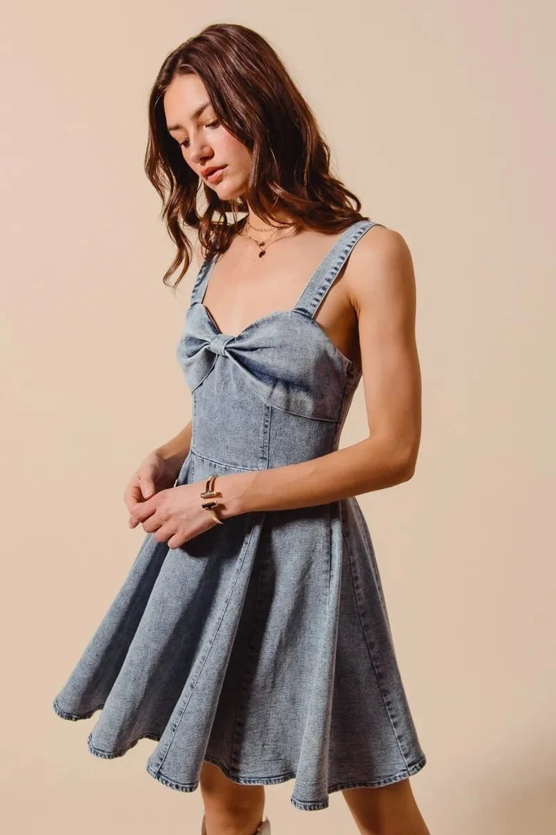 SO ME Mineral Washed Bow Ribbon Denim Flare Dress
