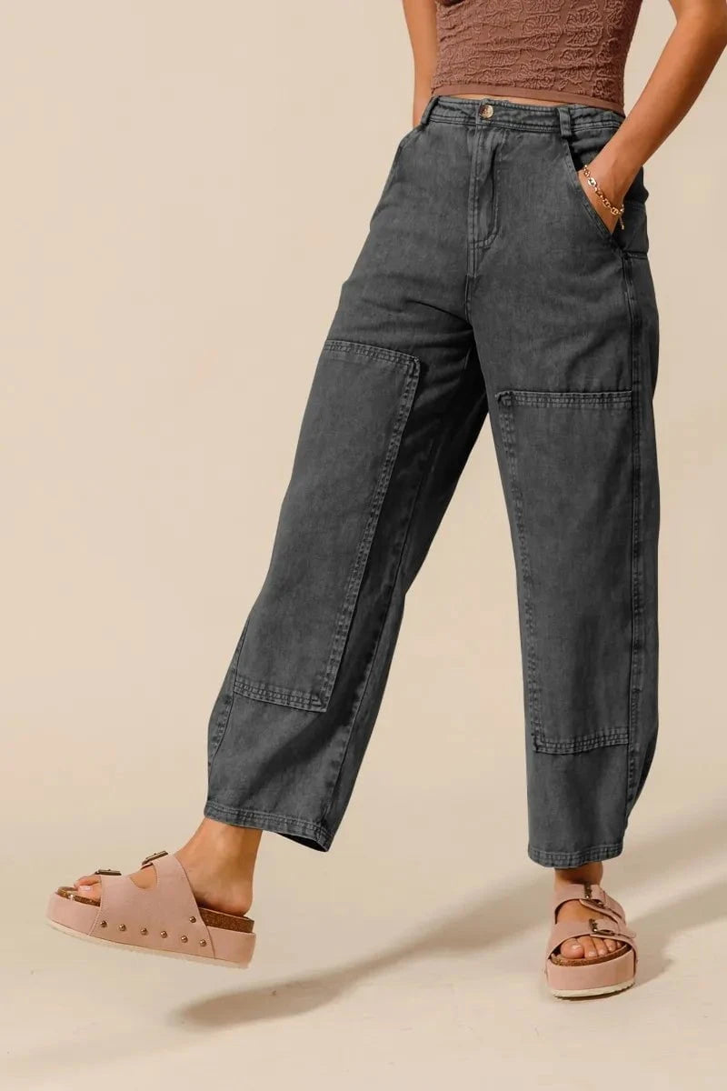 SO ME Mineral Washed Mid Rise Barrel Shape Pants CHARCOAL BLACK / S
