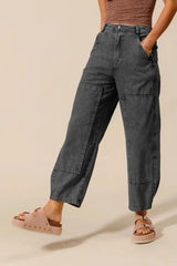 SO ME Mineral Washed Mid Rise Barrel Shape Pants CHARCOAL BLACK / S