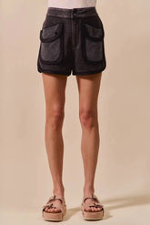 SO ME Mineral Washed Terry High Rise Cargo Shorts CHARCOAL BLACK / S