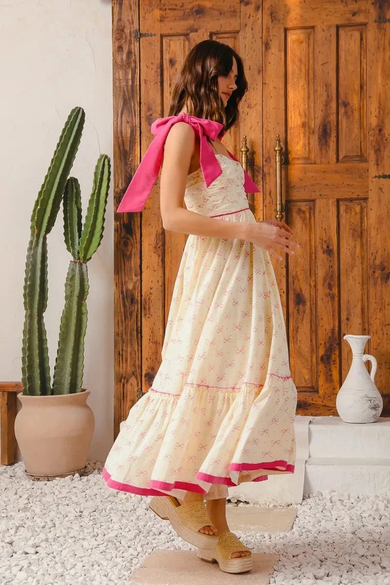 SO ME Ribbon Flowy Maxi Dress with Contrast Trim