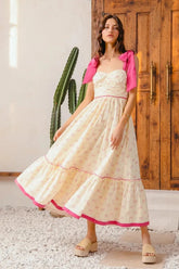 SO ME Ribbon Flowy Maxi Dress with Contrast Trim CREAM/PINK / S