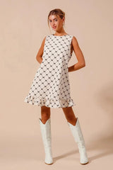 SO ME Texture Bow Printed Mini Ruffle Dress