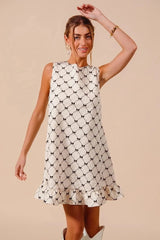 SO ME Texture Bow Printed Mini Ruffle Dress