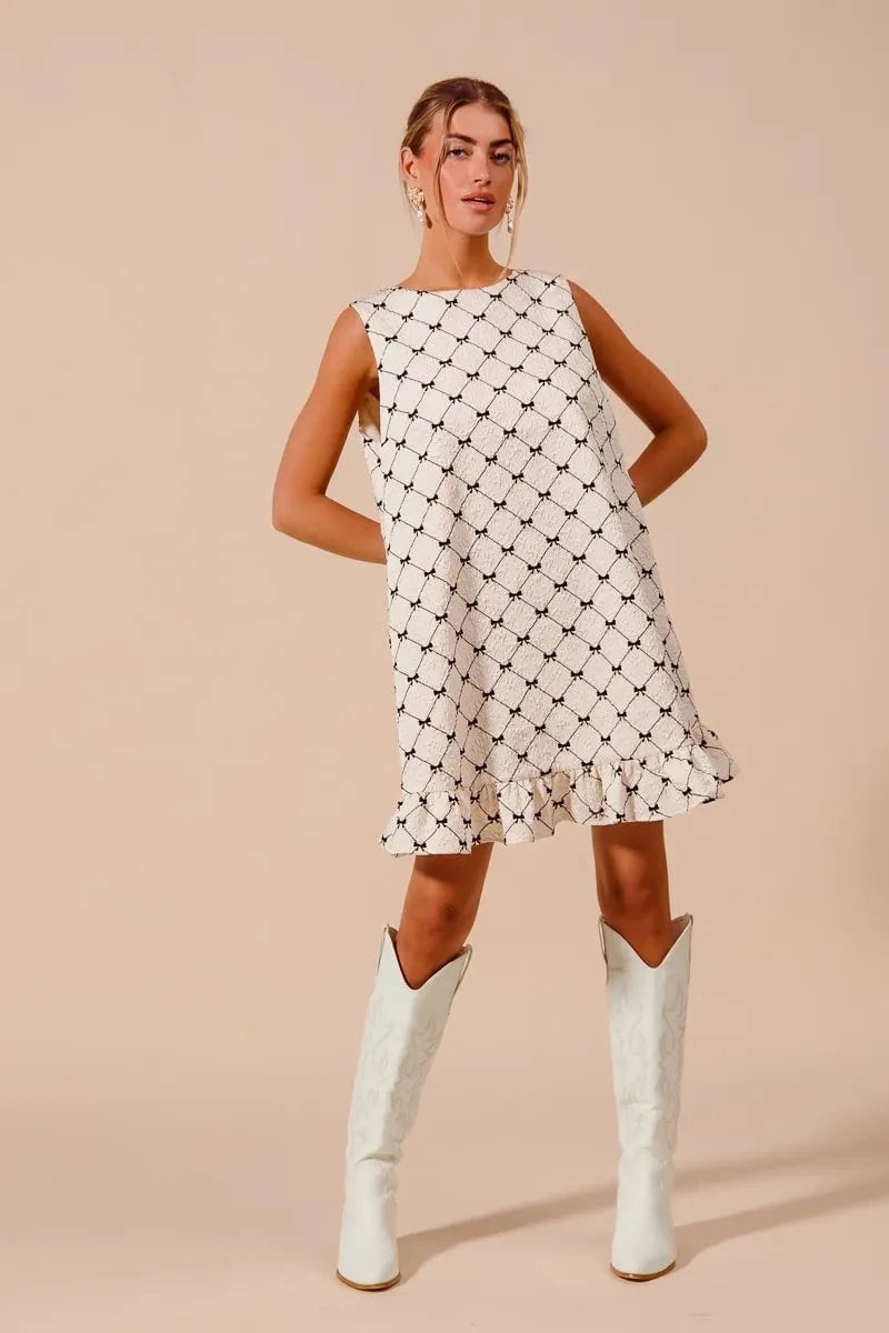 SO ME Texture Bow Printed Mini Ruffle Dress