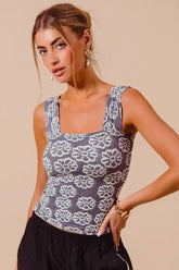 SO ME Two Tone Floral Seamless Tank Top CHARCOAL BLUE / S