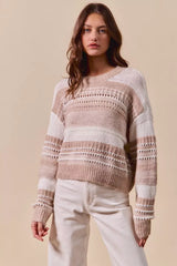 SO ME Variegated Stripe Textured Loose Fit Sweater TAUPE / S