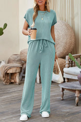 Solid Color Corded Short Sleeve Top and Casual Pants Set Light Blue / S