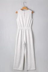 Solid Color Crew Neck Drawstring High Waist Sleeveless Jumpsuit