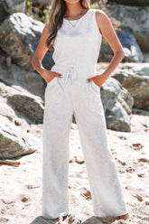 Solid Color Crew Neck Drawstring High Waist Sleeveless Jumpsuit Light Gray / S