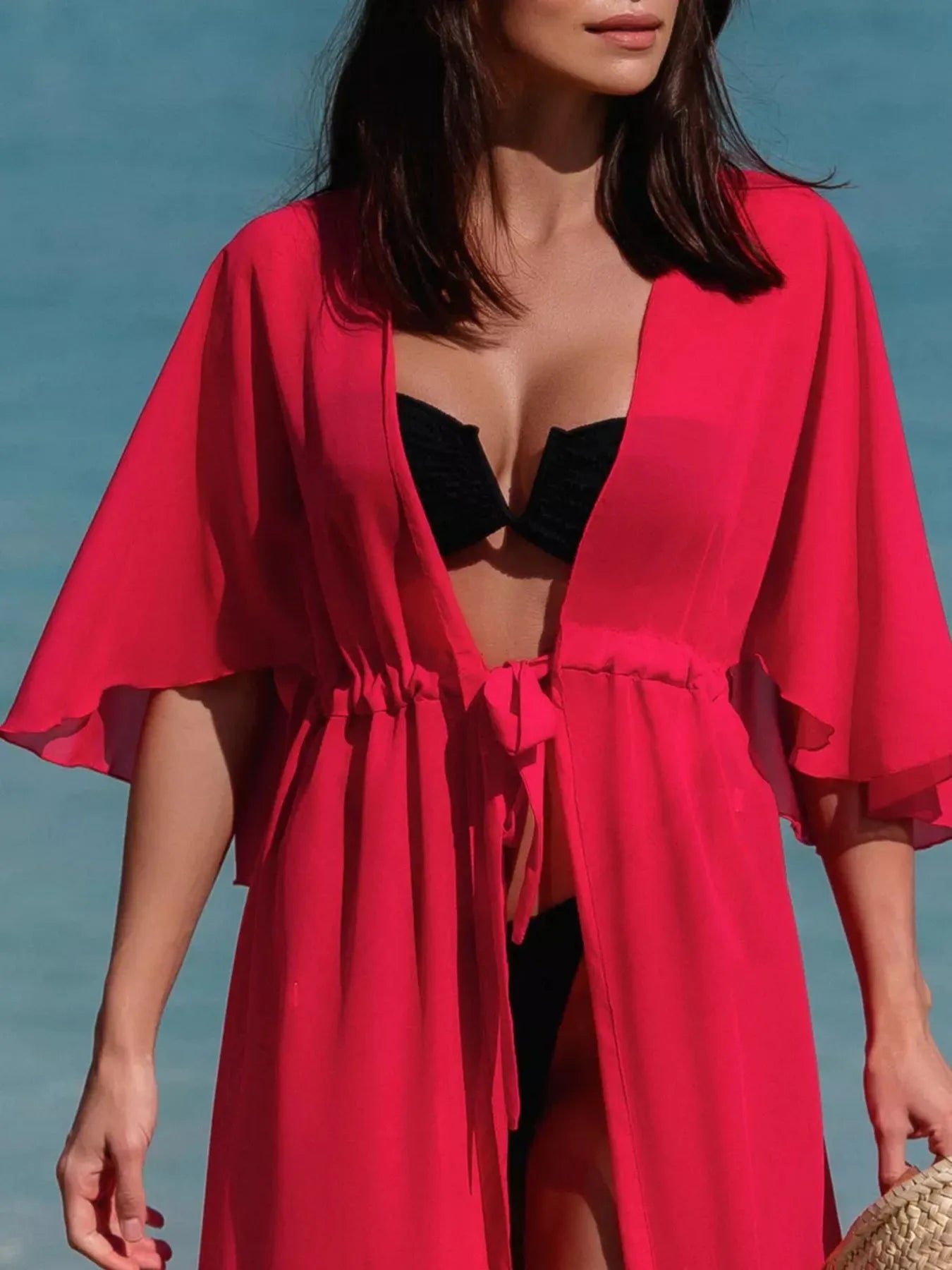 Solid Color Flutter Sleeve Cover-Up Deep Red / One Size