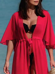 Solid Color Flutter Sleeve Cover-Up Deep Red / One Size