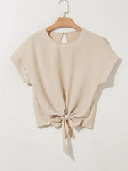 Solid Color Knotted Hem Short Sleeve Blouse