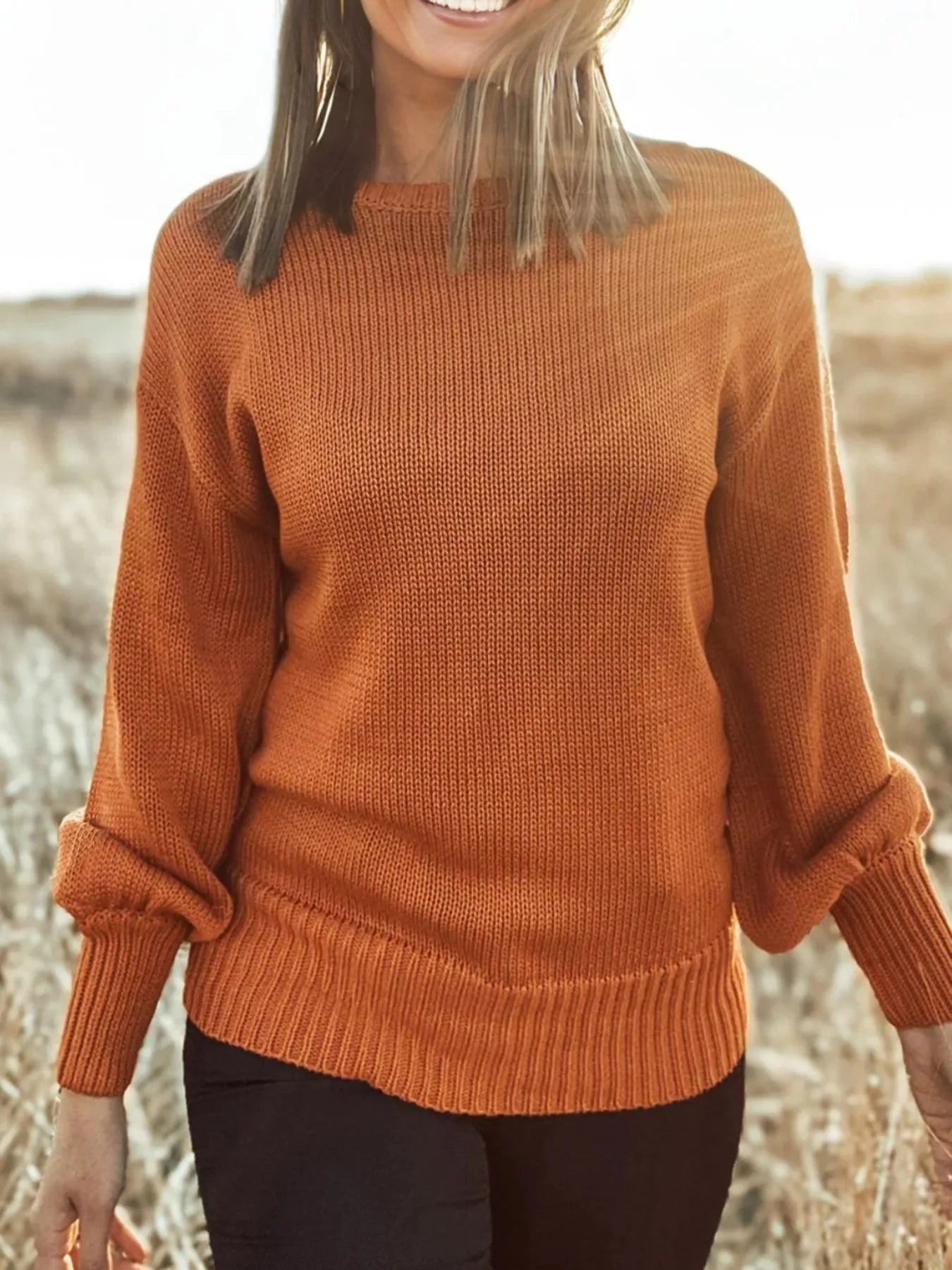 Solid Color Ribbed Trim Drop Shoulder Sweater Caramel / S