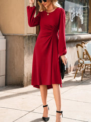 Solid Color Ruched Detail Long Sleeve Midi Dress