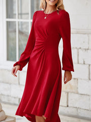 Solid Color Ruched Detail Long Sleeve Midi Dress