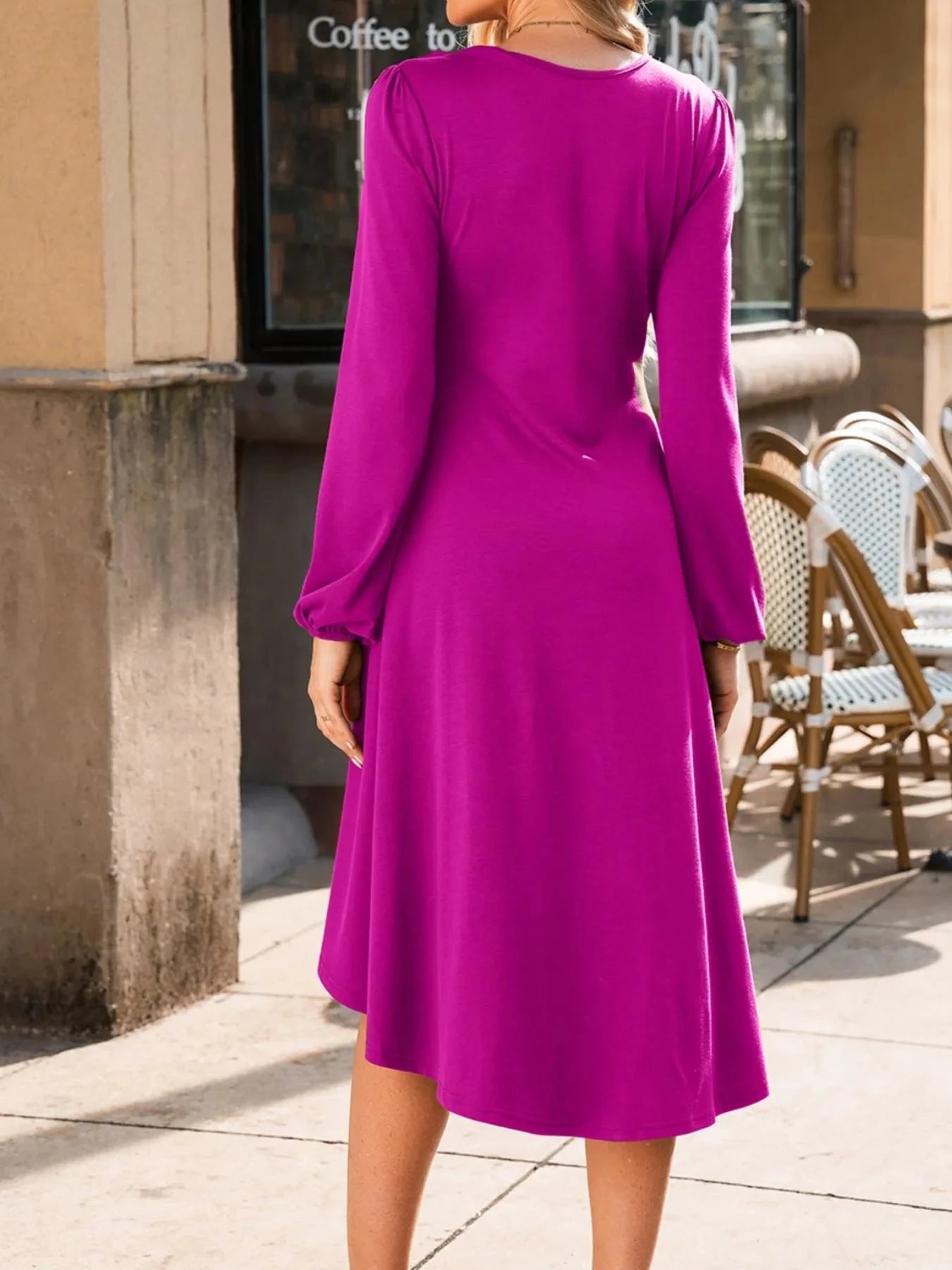 Solid Color Ruched Detail Long Sleeve Midi Dress