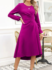 Solid Color Ruched Detail Long Sleeve Midi Dress