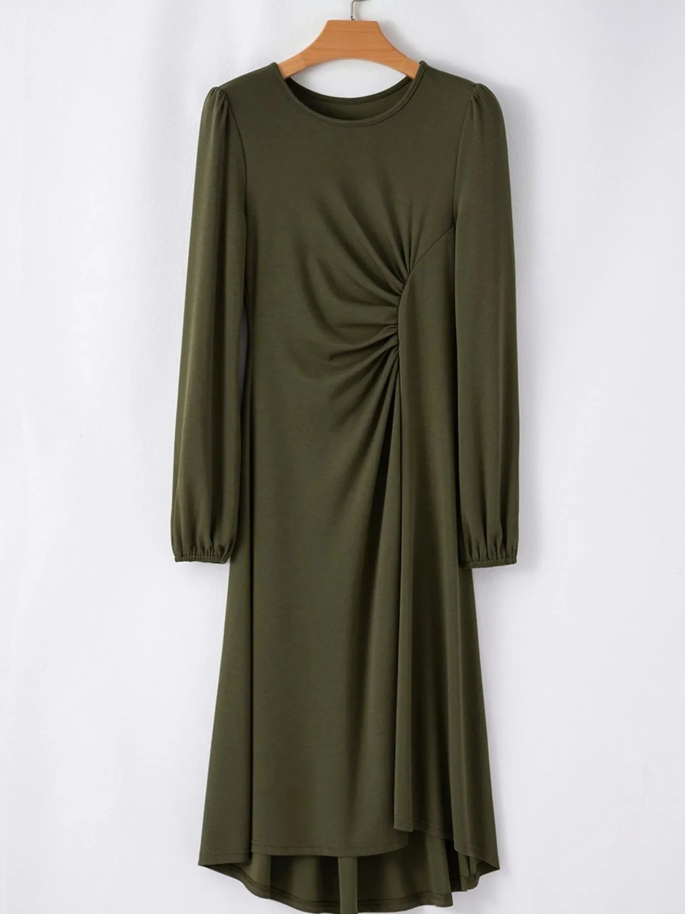 Solid Color Ruched Detail Long Sleeve Midi Dress
