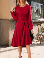 Solid Color Ruched Detail Long Sleeve Midi Dress