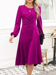 Solid Color Ruched Detail Long Sleeve Midi Dress