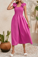 Solid Color Ruffled Straps Smocked Ruched Maxi Dress