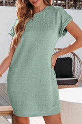Solid Color Textured Crinkle Short Sleeve T Shirt Dress Sage / S