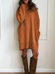 Solid Color Turtleneck Drop Shoulder Loose Sweater Dress Caramel / S