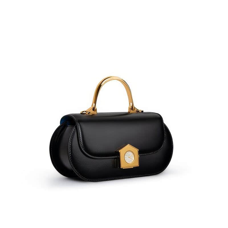 Sophia Black Leather Top Handle Bag with Unique Clock Face Clasp Black