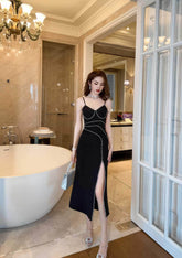 Spaghetti Strap Rhinestone Embellished Maxi Dress S / Black