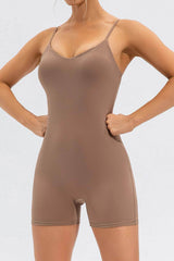 Spaghetti Strap Round Neck Romper Khaki / S