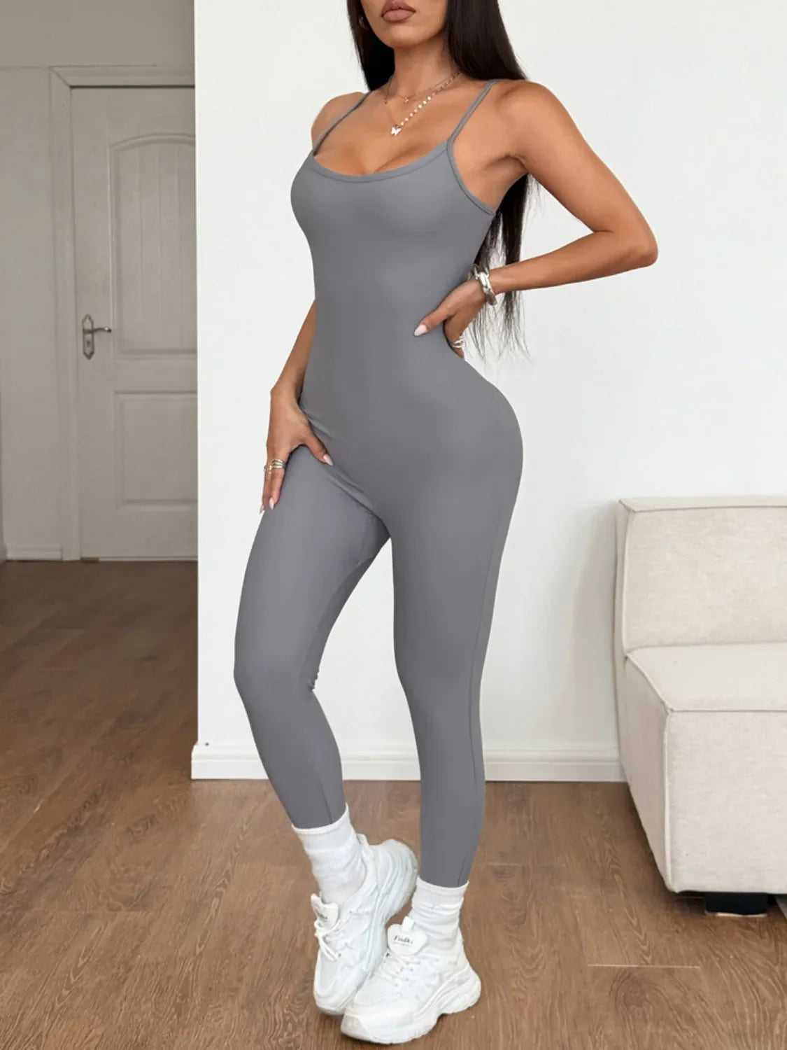 Spaghetti Strap Scoop Neck Bodycon Jumpsuit Gray / S
