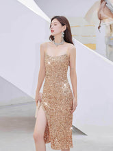 Spaghetti Strap Sequin Slit Midi Dress S / Gold