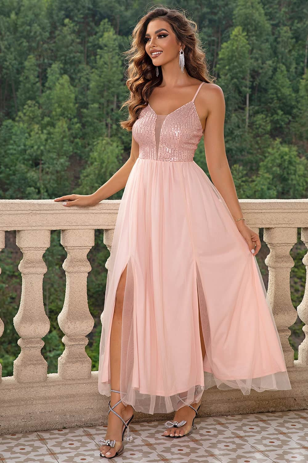 Spaghetti Strap Slit Mesh Dress Blush Pink / XS