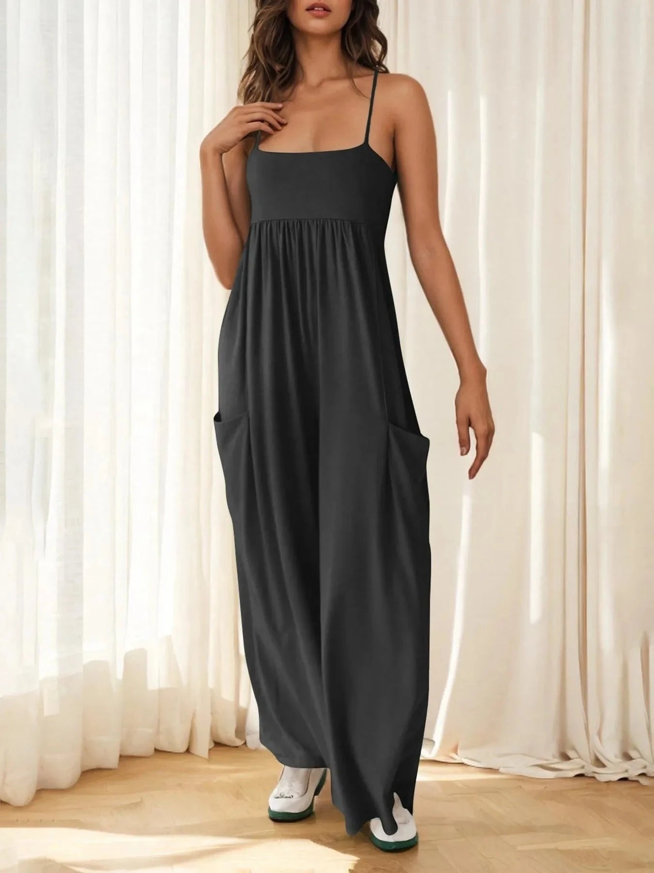 Spaghetti Strap Wide Leg Jumpsuit Dark Gray / S
