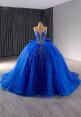 Spaghetti Straps Rhinestone Decor Tulle Ball Gown - J7K8L US 2 / Blue