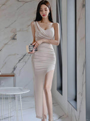 Spaghetti Straps V-Neck High Slit Maxi Dress S / Linen