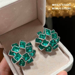 Sparkling Emerald Rhinestoned Layered Square Statement Earrings Green
