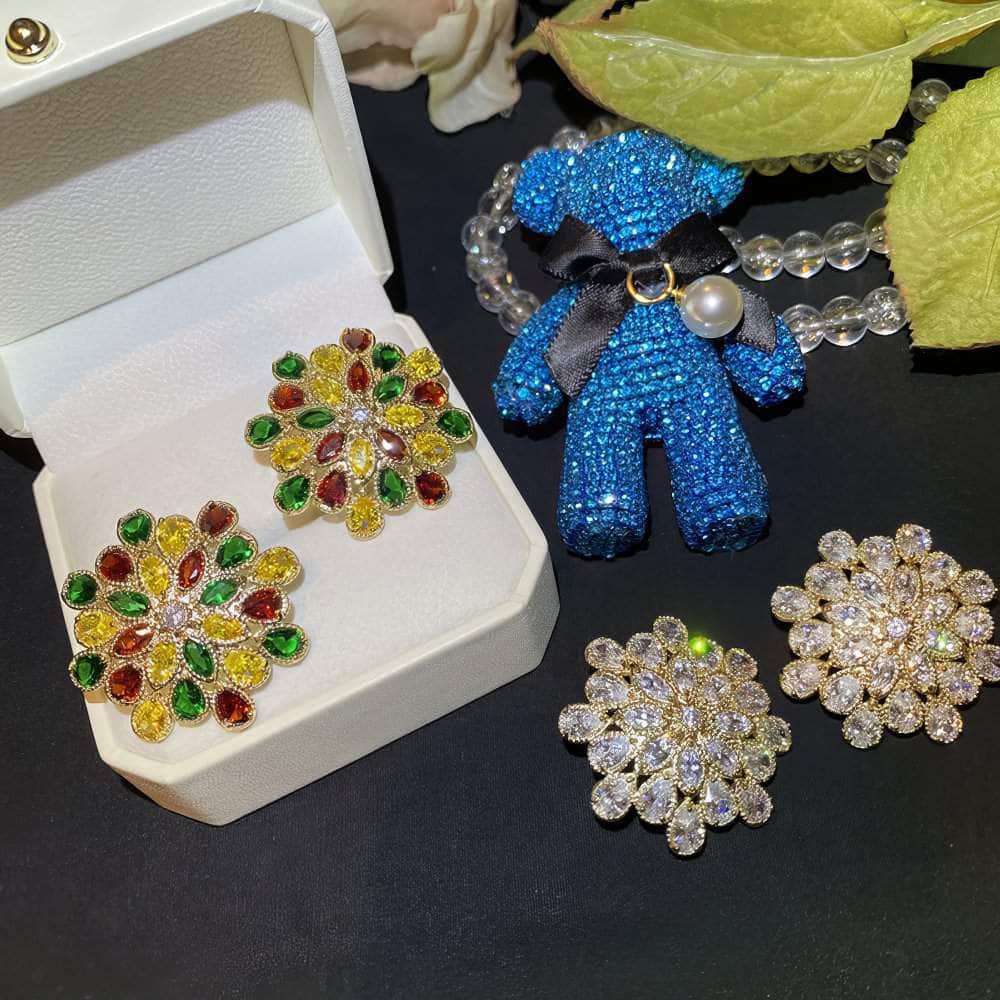 Sparkling Paved Crystal Statement Stud Floral Deco Earrings