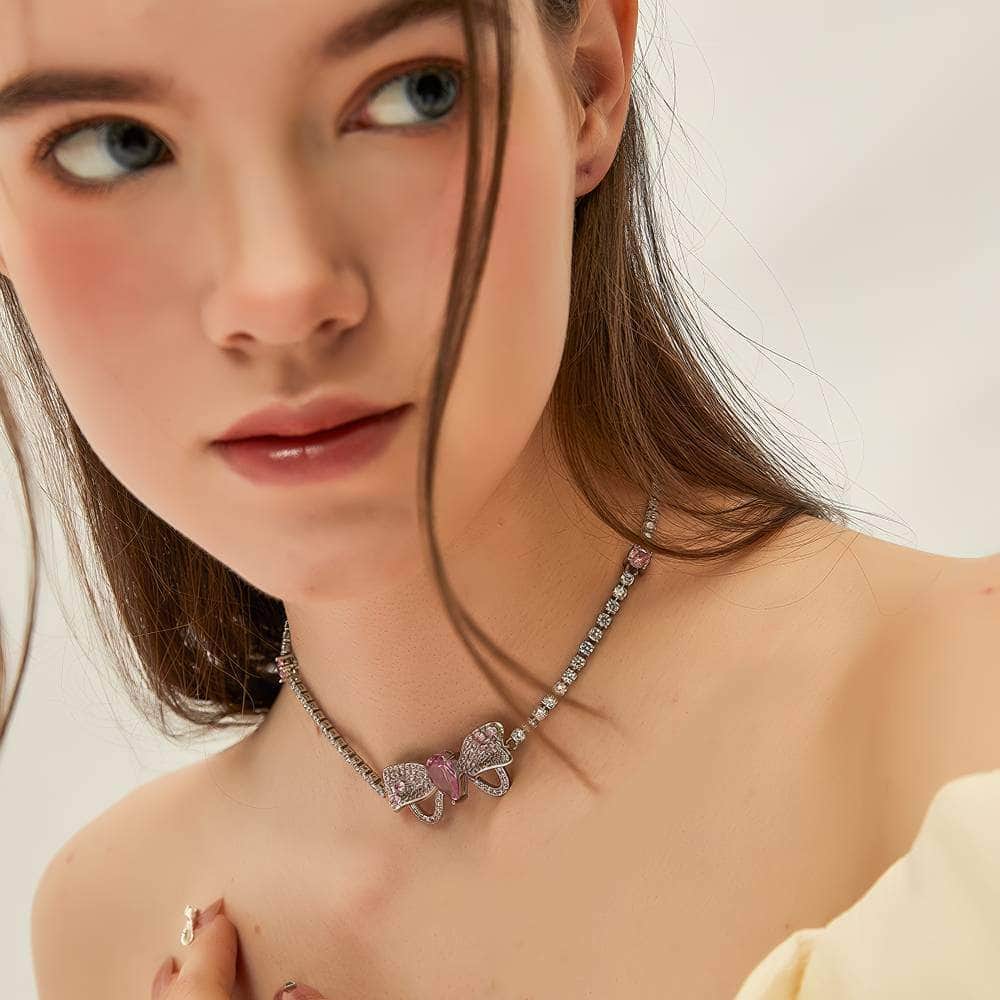 Sparkly Butterfly Rhinestone Choker Necklace Silver