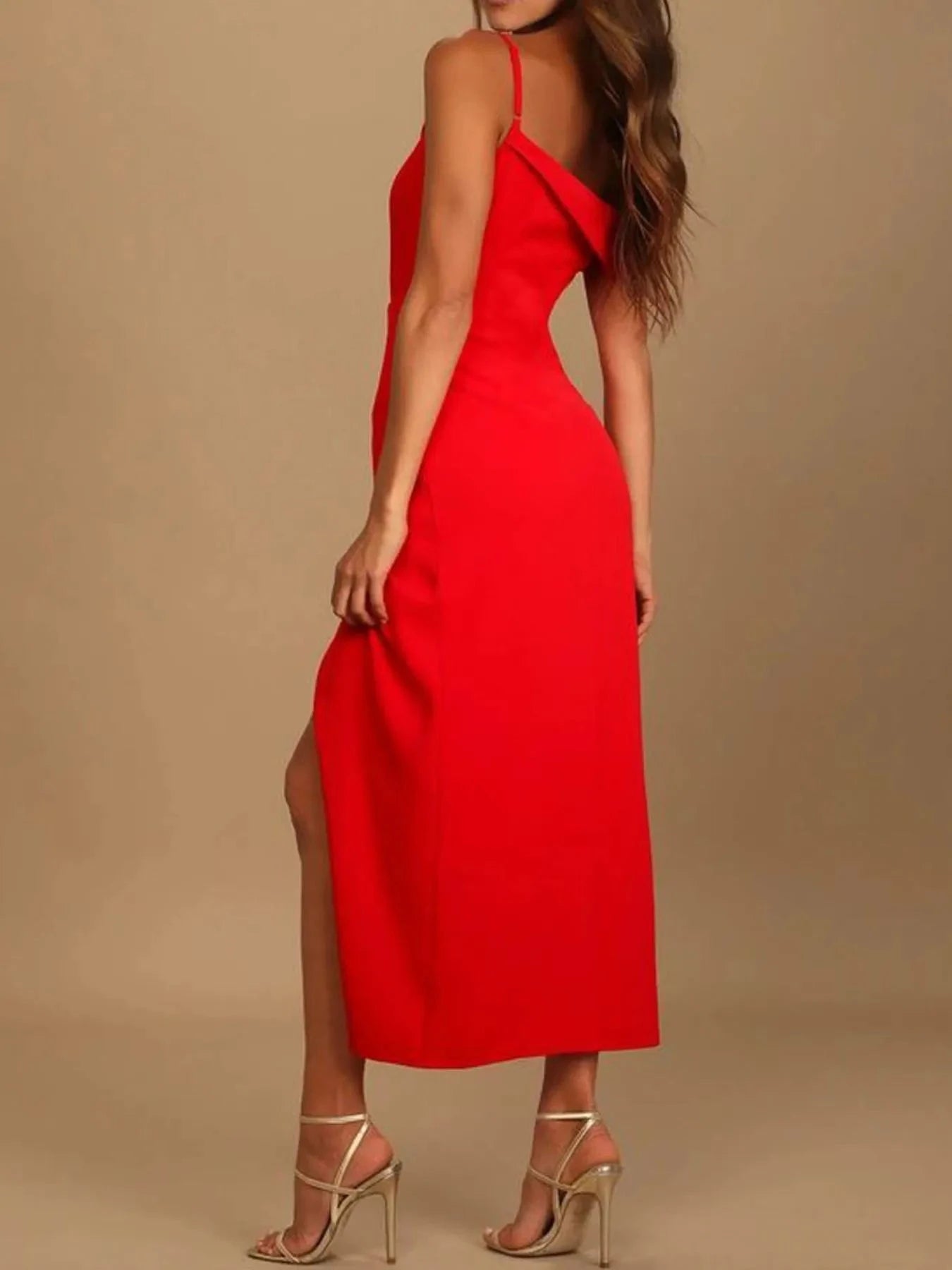 Split Asymmetrical Neck Midi Dress