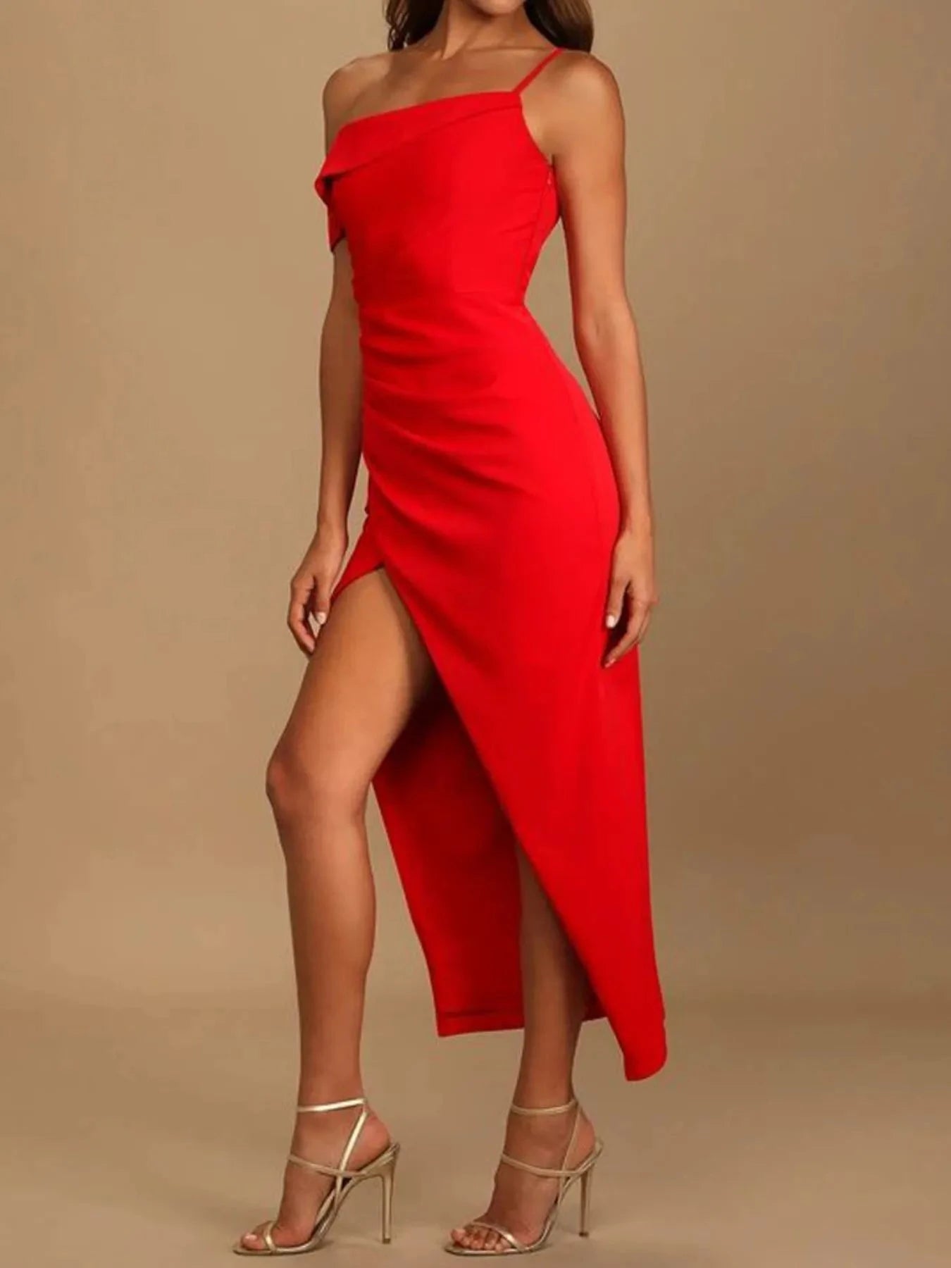 Split Asymmetrical Neck Midi Dress Scarlet / S