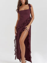 Split Ruffled Square Neck Maxi Dress Coffee / S
